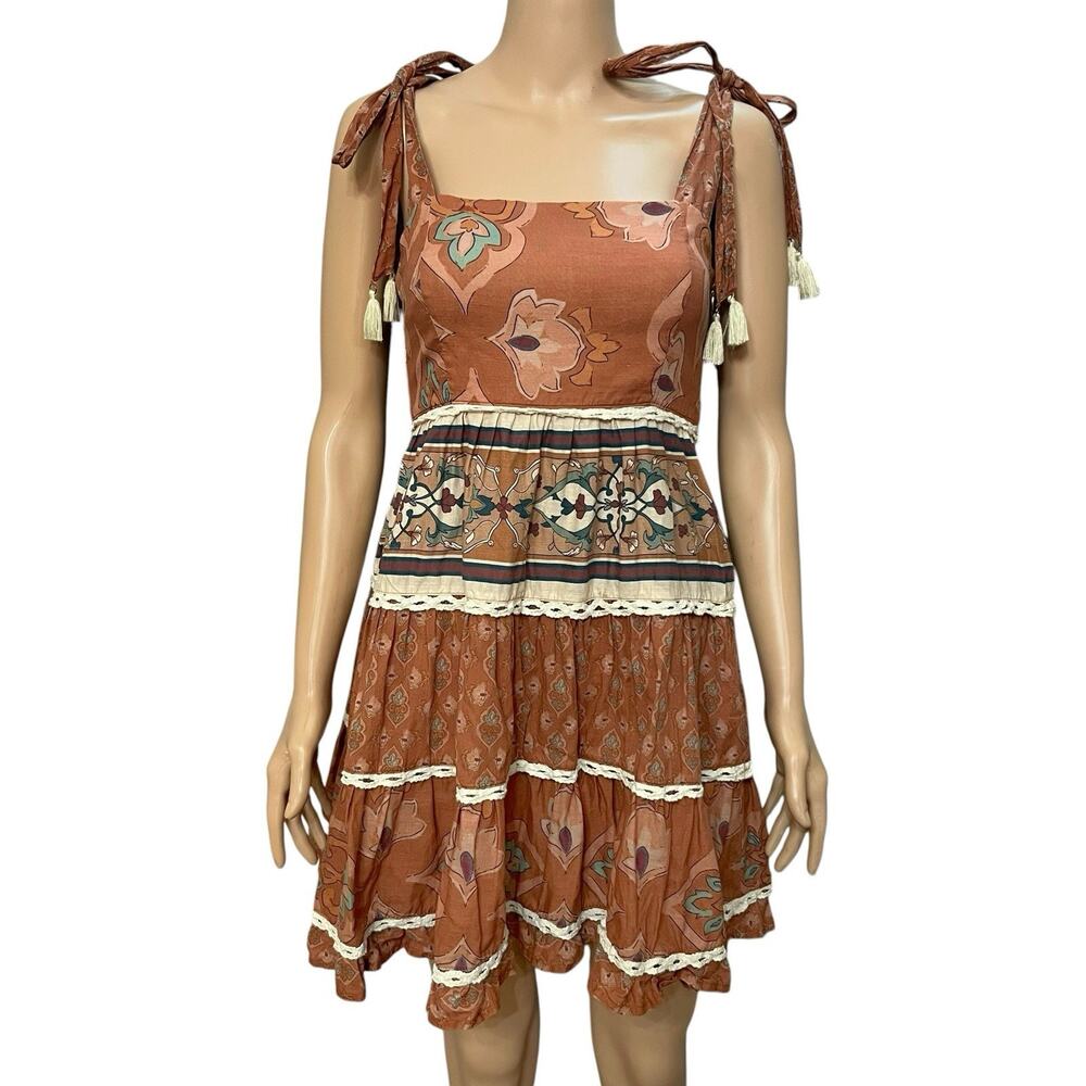 Especia Tied Strap Mini Dress XS Floral Tiered Boho Vacation Brown Multi Tassel